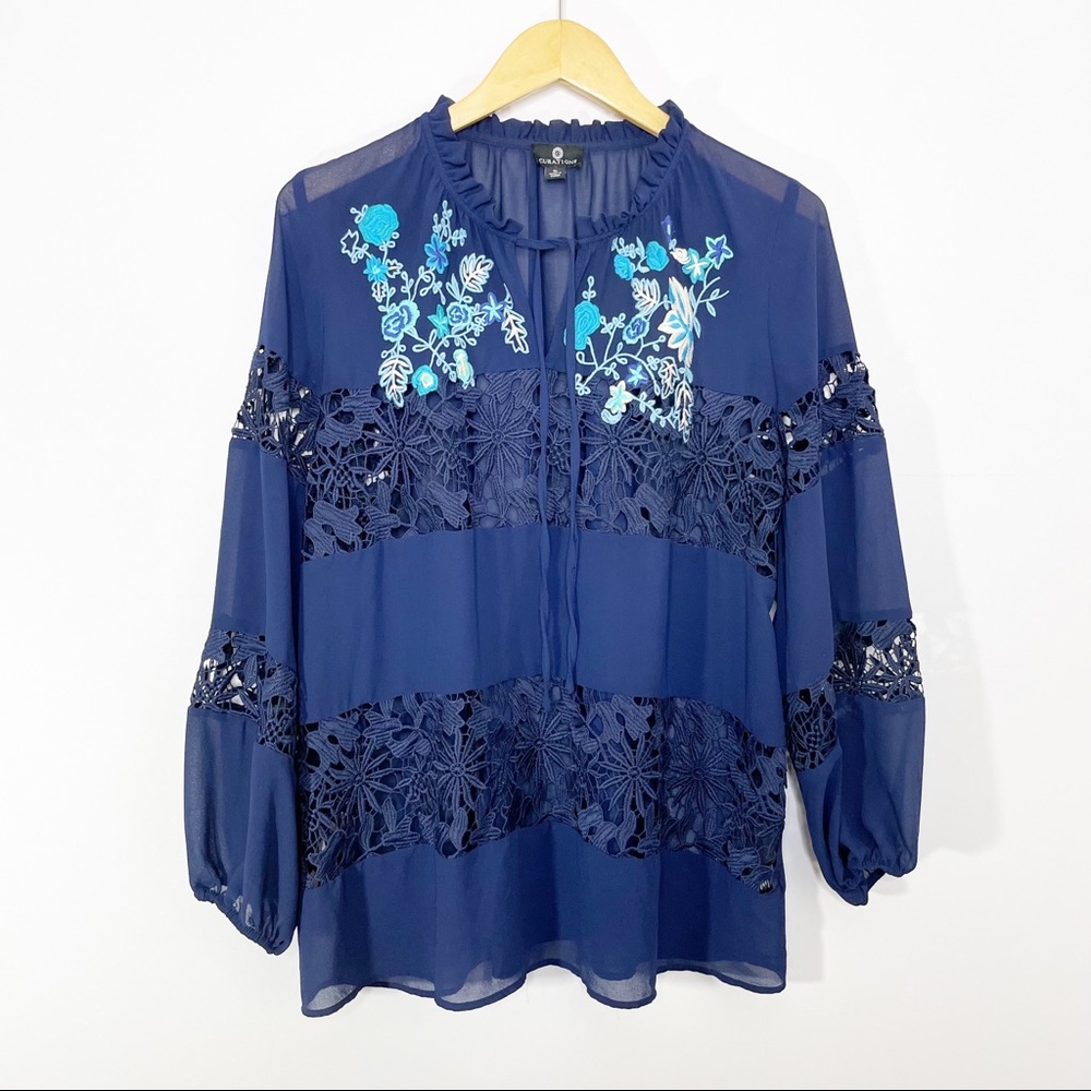 CURATIONS Boho Embroidered Lace Tunic with Balloon 3/4 Sleeves XL
